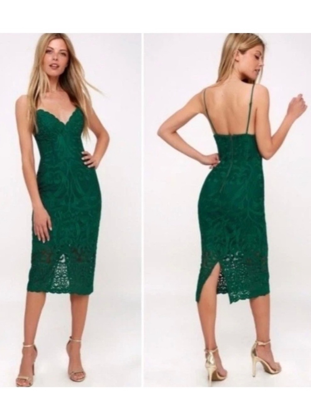 Bardot Gia Forest Green Lace Midi Strap Dress size 6